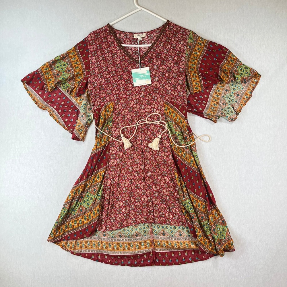 NEW Umgee Mini Dress S Mixed Print Tassel Tie V-Neck Flutter Sleeve BOHO NWT